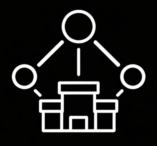 Icon of a connected network with a central node, three outer nodes, and a building with a Data or server symbol beneath.