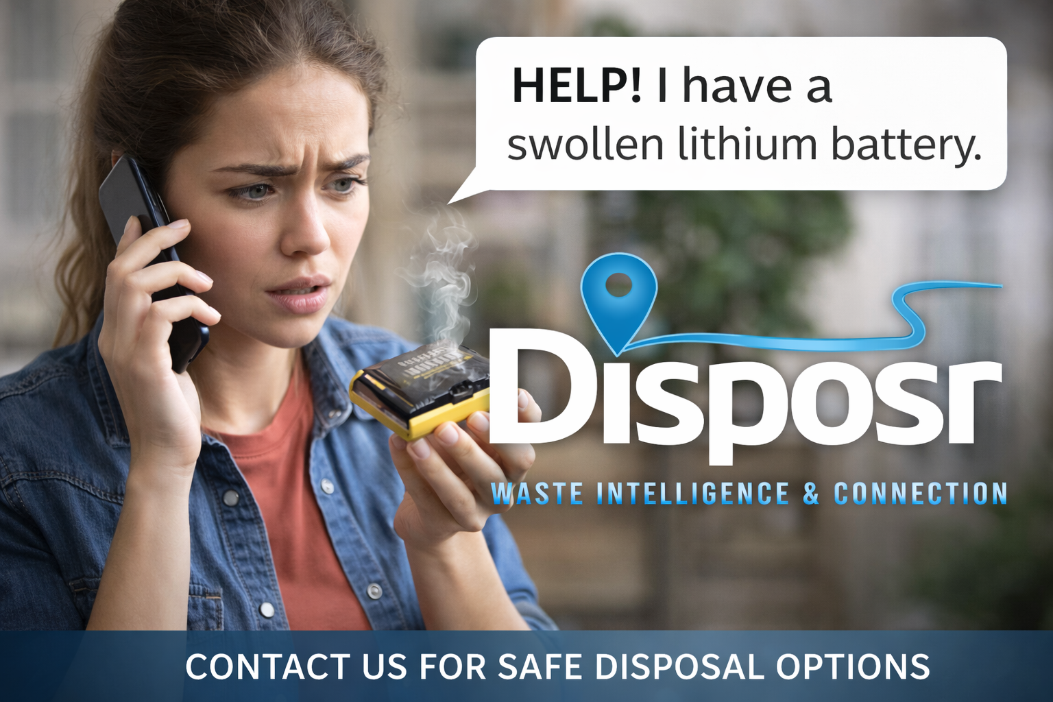 A woman with brown hair, wearing a denim jacket and a pink shirt, holds a yellow lithium battery emitting smoke while talking on a cell phone. She appears concerned. Overlay text says help needed for a swollen lithium battery, and options for disposa