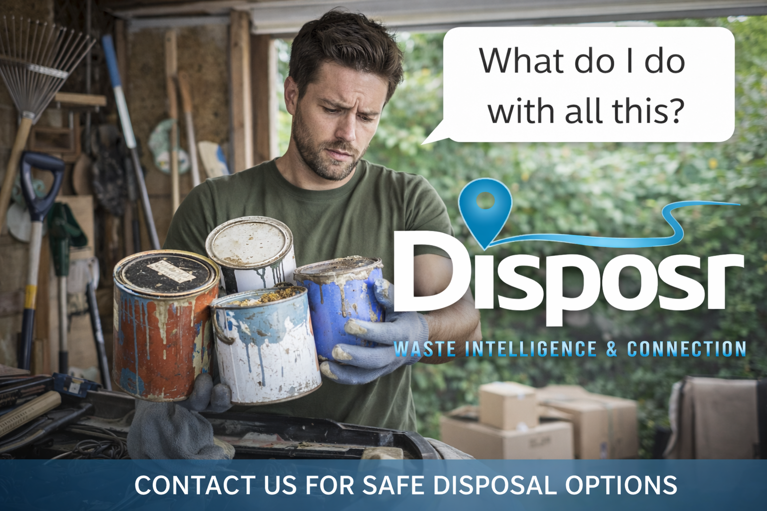 Man in a workshop holding several paint cans, looking confused with a speech bubble saying 'What do I do with all this?' The image promotes waste disposal and safe disposal options.