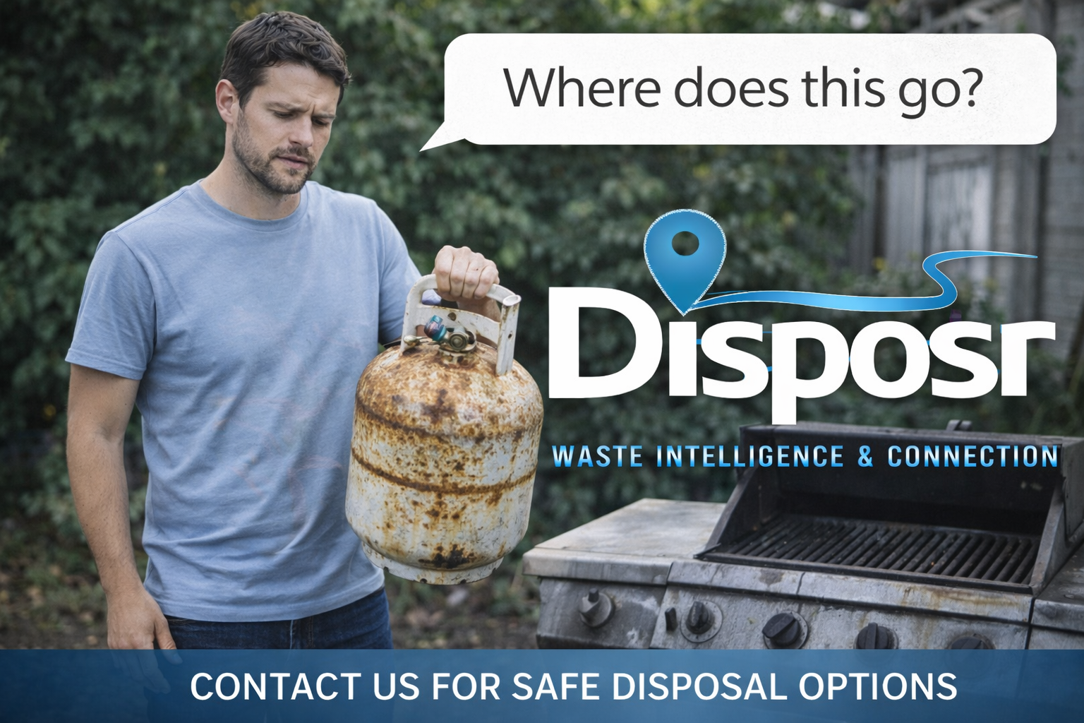 A man holding an old rusty propane tank outdoors with a grill nearby, advertising waste disposal services with text and graphics.