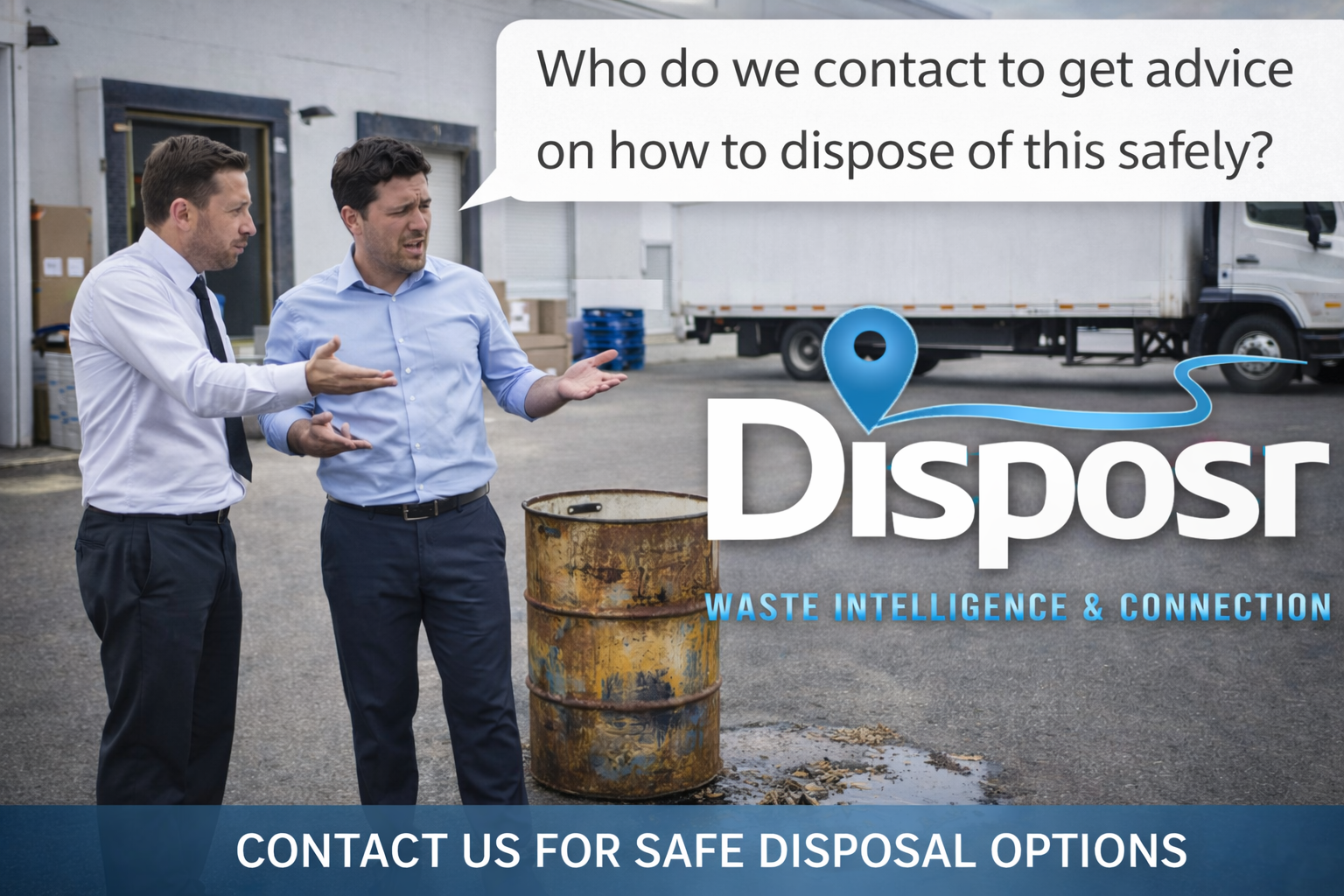 Two men in business attire discussing safe waste disposal outside a warehouse with a barrel and a truck in the background.