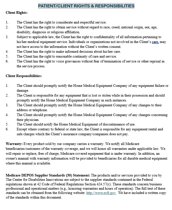 PATIENT/CLIENT RIGHTS & RESPONSIBILITIES — Center for disabilities ...