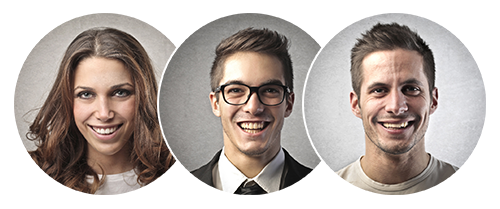 Three smiling young adults, two men and one woman, against a gray background.