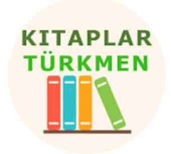 Bej fonuň üstünde ýaşyl reňkde kitaplar şekili we “Kitaplar Türkmen” ýazgysy bolan logo.