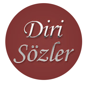 Ak we çal reňkli el ýazgysy görnüşindäki şrift bilen ýazylan “Diri Sözler” sözleri bolan gyzyl tegelek logo.