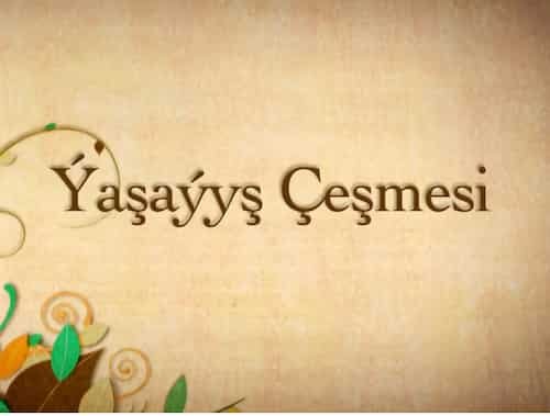 Bej reňkli dokumaly fonuň üstünde türkçe “Yaşayış Çeşmesi” jümlesi ýazylan, aşaky çep burçunda bezegli gülli nagyşlary bolan surat.