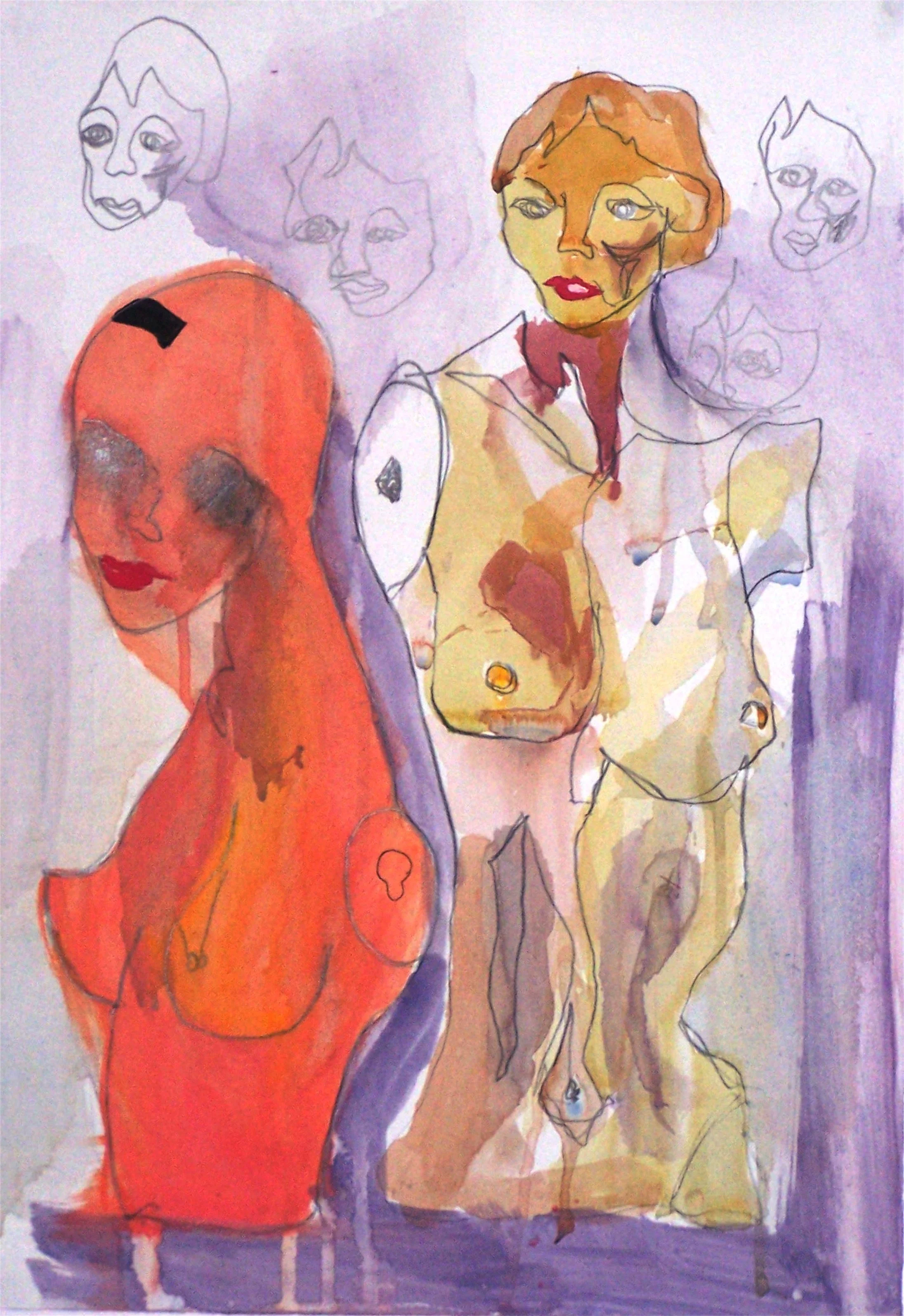 A mixed media artwork featuring a colorful abstract woman with short hair, depicted with expressive lines and watercolor. Multiple sketches of faces or heads are drawn in black ink around her, on a purple background.