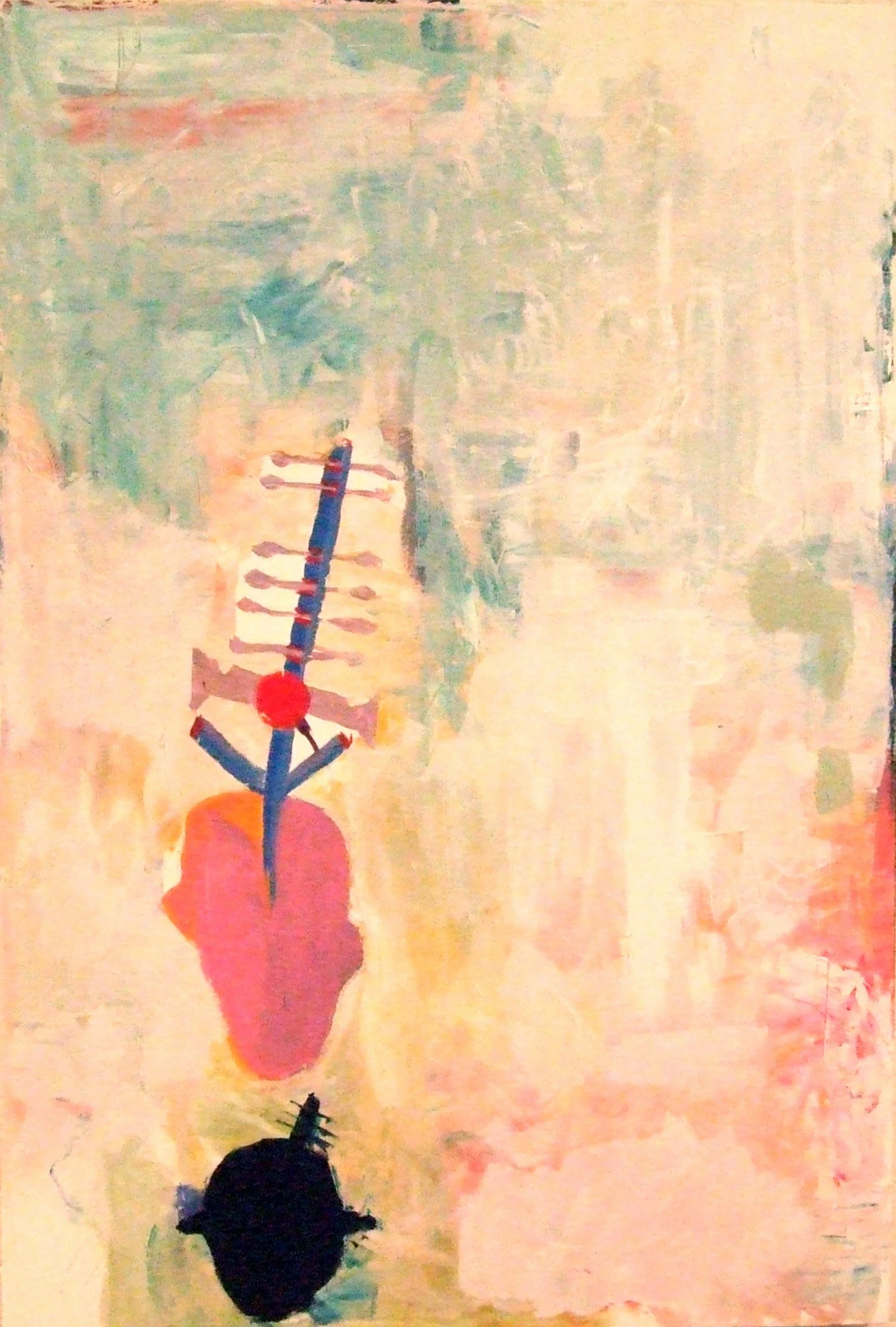 An abstract painting featuring a vertical object resembling a needle or test tube, with a red circular element and a blue striped pattern, reflected on a dark round surface, against a textured pastel background.