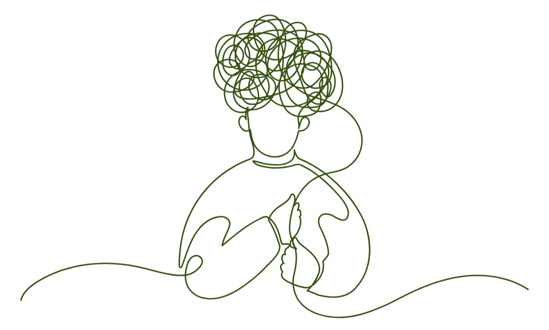 Line drawing of a person with big curly hair, holding onto the thread of their hair for comfort