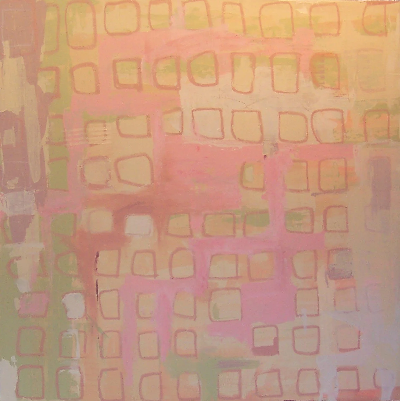 Abstract painting with pink, orange, and green geometric shapes of squares and rectangles.