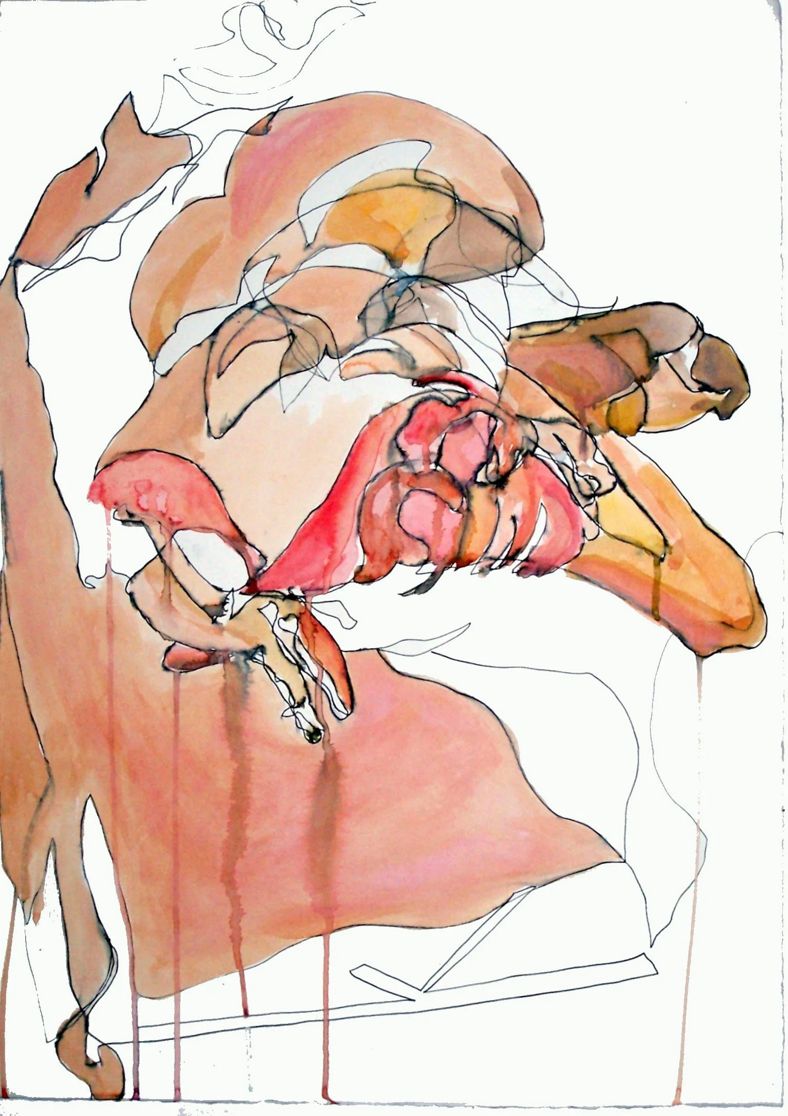 Abstract watercolor portrait of a person with hand to their face, featuring loose black line work and soft shades of brown, pink, and orange.