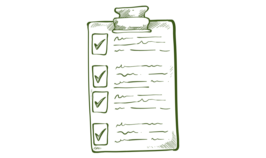 Line drawing of a clipboard with check marks
