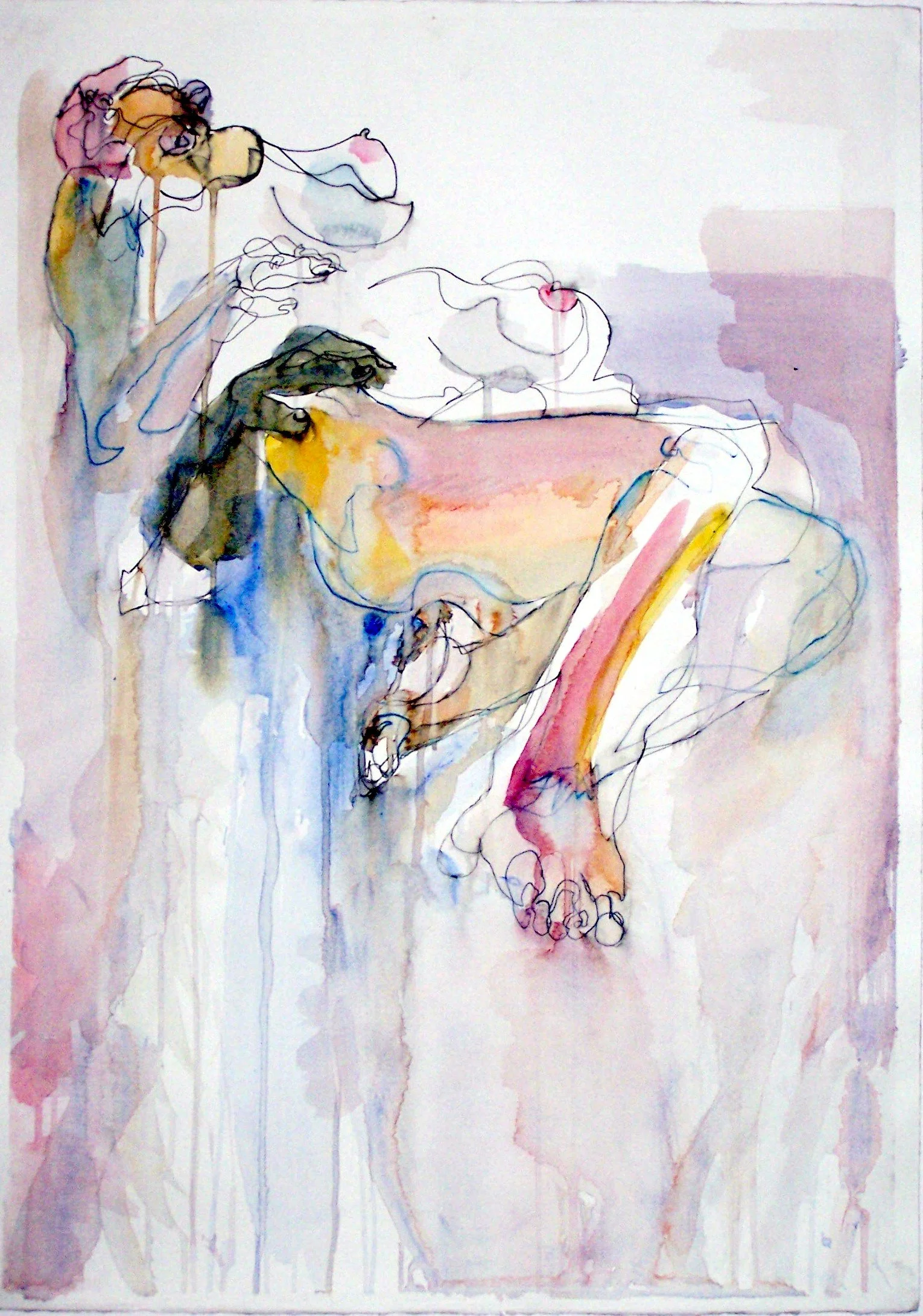 Watercolor painting of a woman with long hair, sitting on a block with her legs extended and one arm resting on her knee, in an abstract style with loose, flowing lines and soft pastel colors.