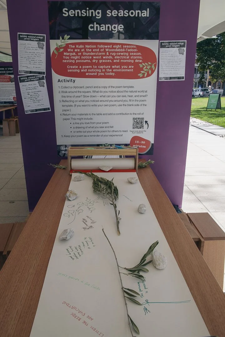 An activity station with a large white paper on a table, decorated with natural elements like branches, leaves, and rocks for a seasonal change activity. In the background, a sign titled 'Sensing seasonal change' explains the activity, which involves observing nature and creating a poem.