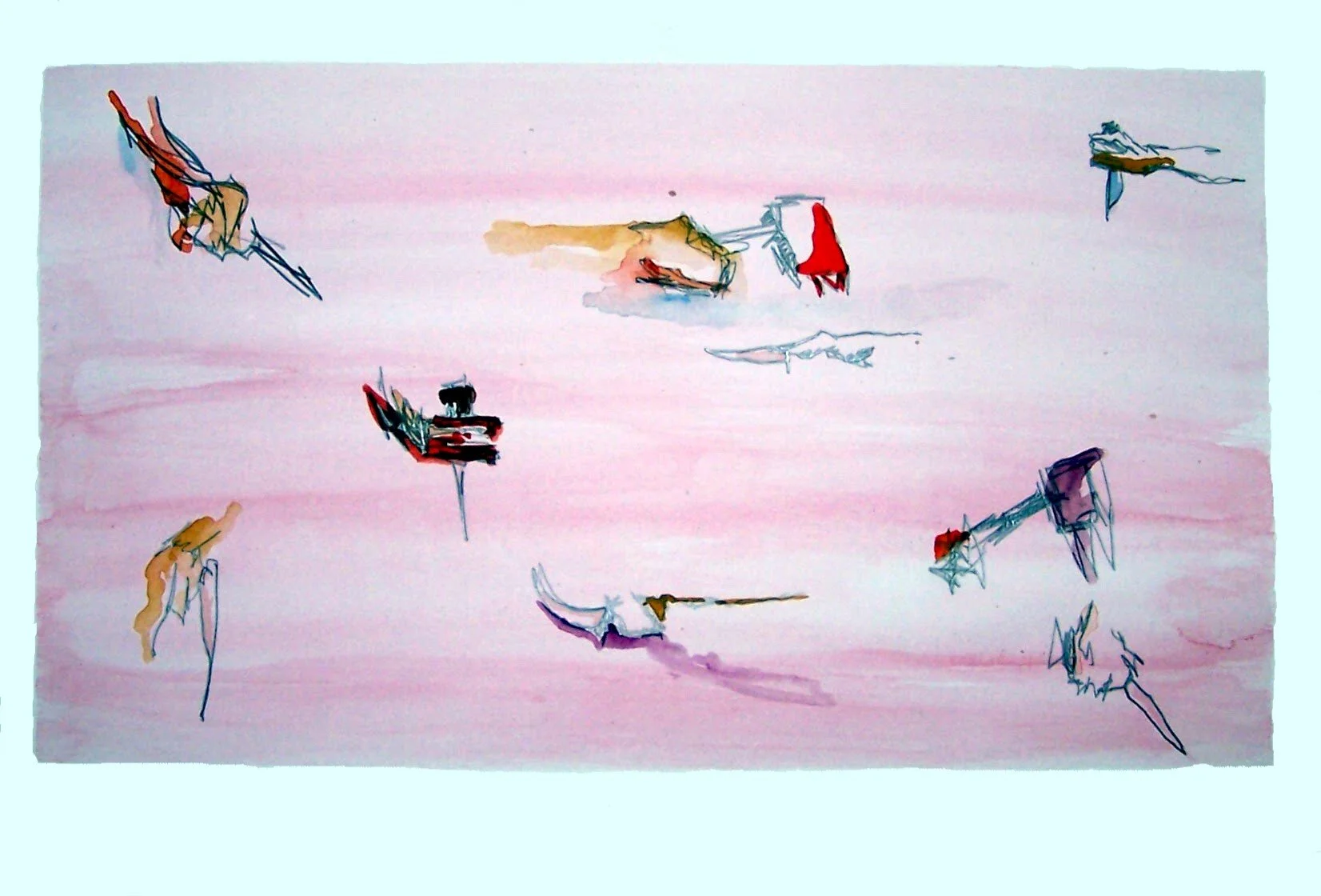 Abstract watercolor painting with light pink background and scattered, lightly sketched figures and objects in various colors.