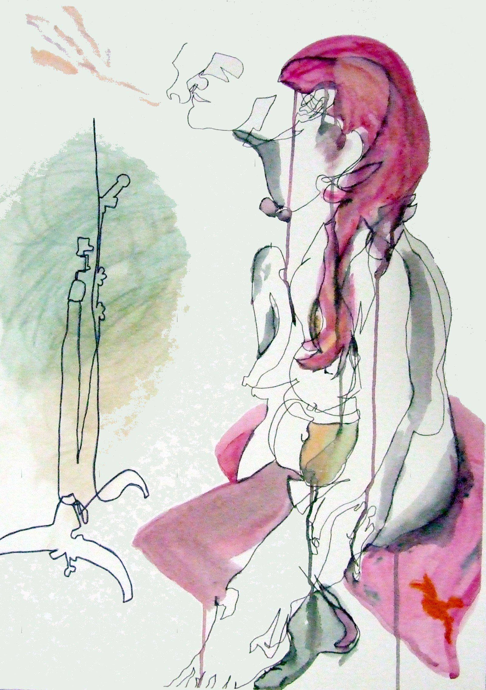 A line drawing of a woman with long, red hair sitting on a pink chair. There is a microphone stand in front of her, and she appears to be singing or speaking.