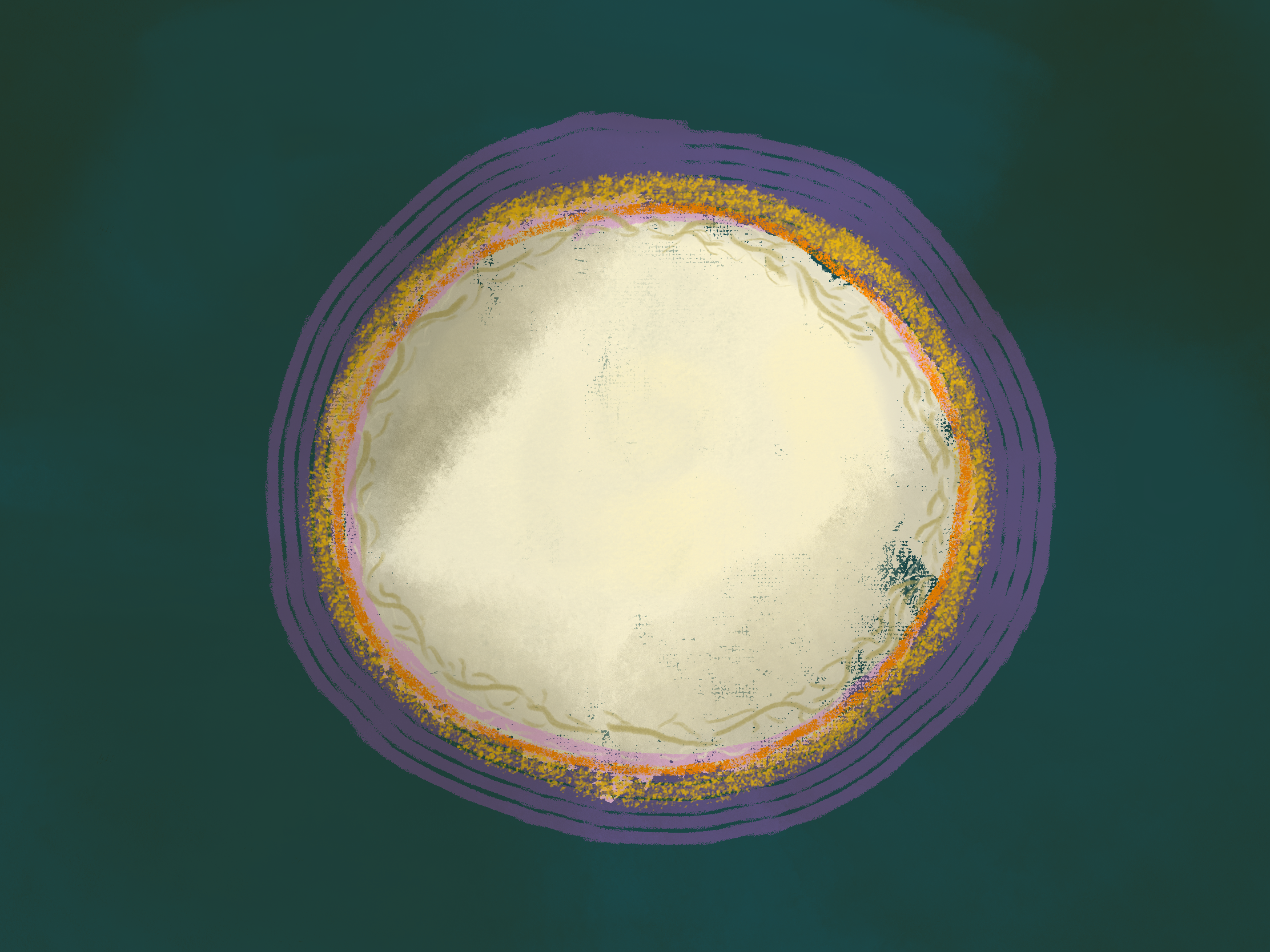 An artwork made with chalk pastel. A light yellow space is surrounded by concentric circles of pink, orange and purple set on a forest green background