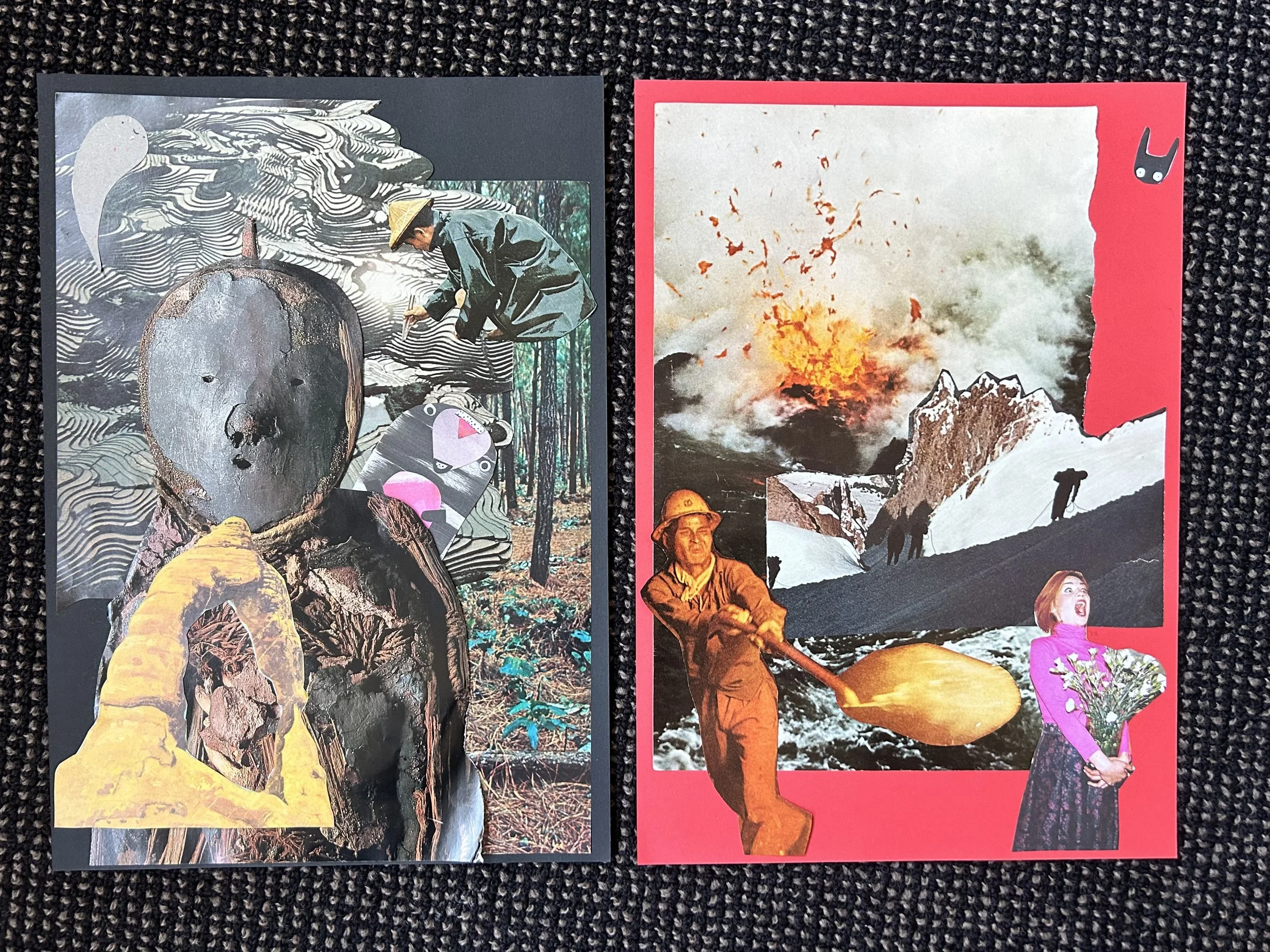 Collage of two artistic photos with various cut-out images. The left photo features a stylized forest scene with a person wearing a conical hat, an animal figure, a large wooden bear face, and a golden hand. The right photo depicts a volcanic eruption with smoke and lava, a person shoveling, and a woman holding flowers, all set against a red background.