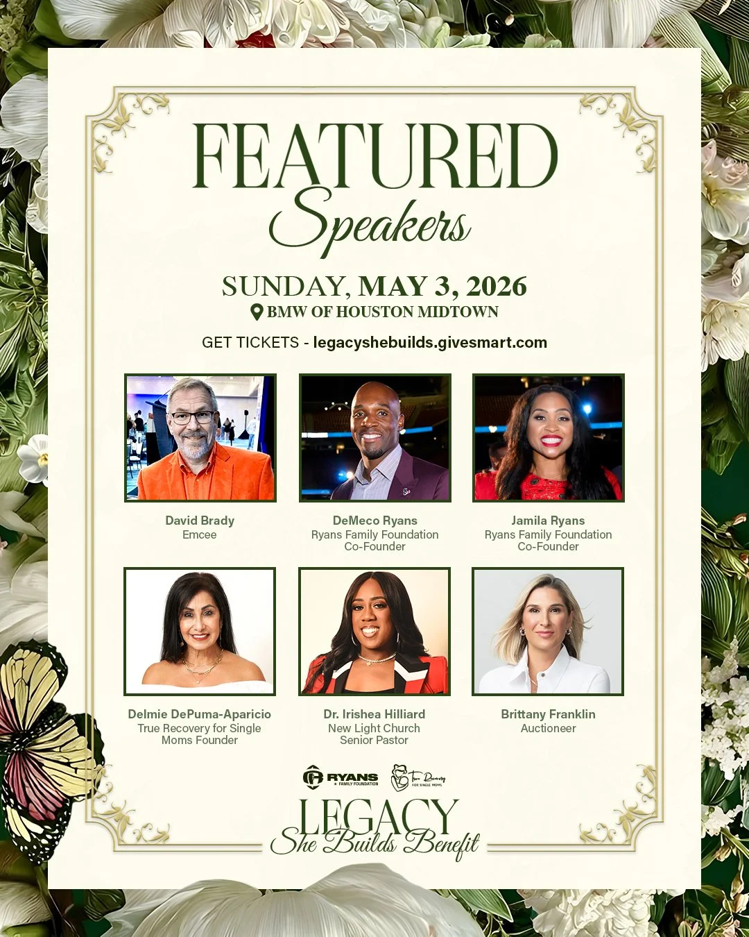 We are just ONE MONTH away from the Ryans Family Foundation and @truerecoveryforsinglemoms Legacy She Builds Benefit, and we have some exciting news to share! 🤩

Join us in welcoming our amazing Featured Speakers:
🌸 David Brady, Emcee
🌸 DeMeco Rya