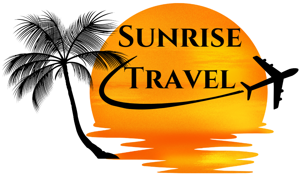 Official logo for Sunrise Travel LLC featuring an orange sun reflecting on water, framed by a palm tree and an airplane loop, representing bespoke luxury travel and curated global voyages.