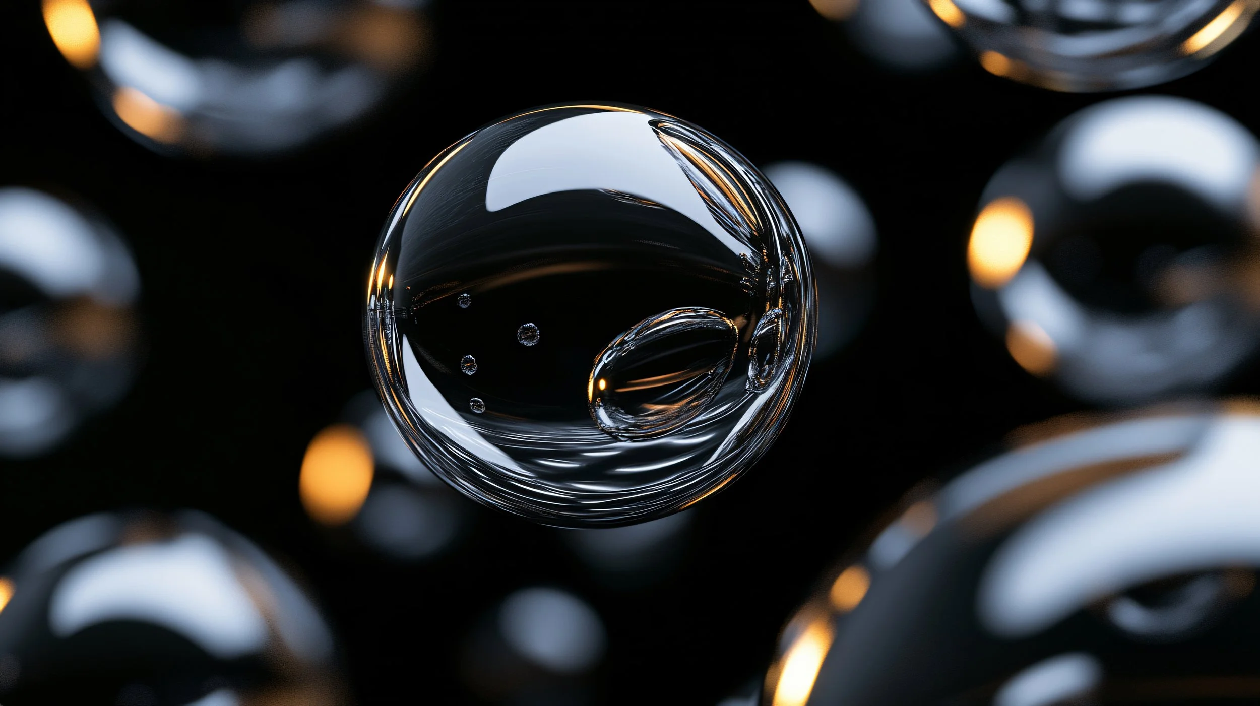 Ett nära fotografi av en glänsande metallisk boll med mindre bubblor inuti, mot en mörk bakgrund med reflekterande ljus.