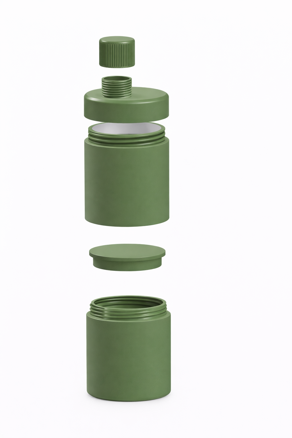 En grön plastflaska med avtagbara delar, inklusive lock, hals, och botten, alla visas separat mot en vit bakgrund.