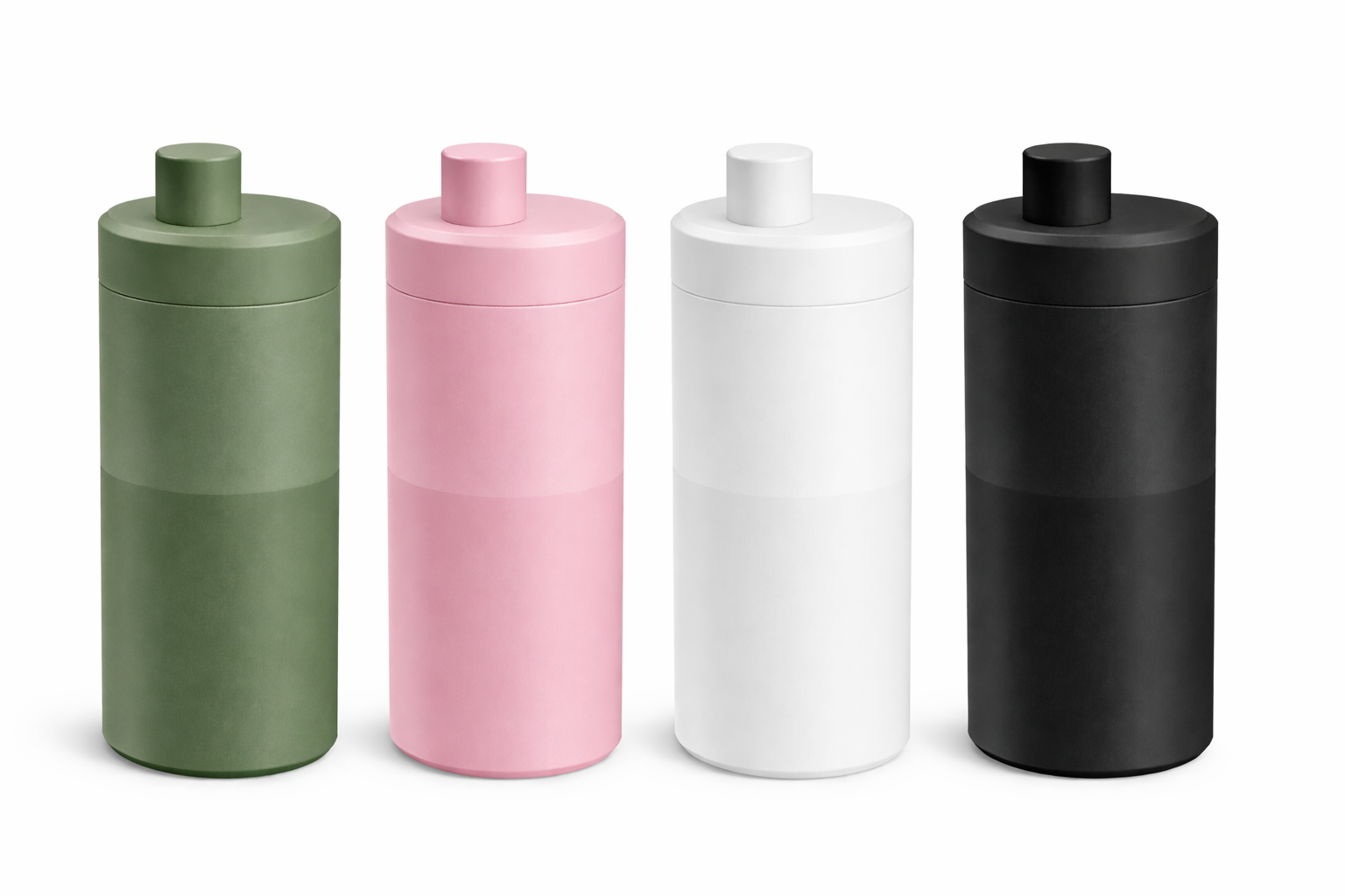 Fyra moderna dryckesbehållare i grönt, rosa, vitt och svart.