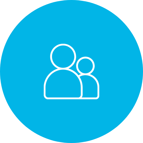 Icon of two people, one larger and one smaller, inside a blue circle.