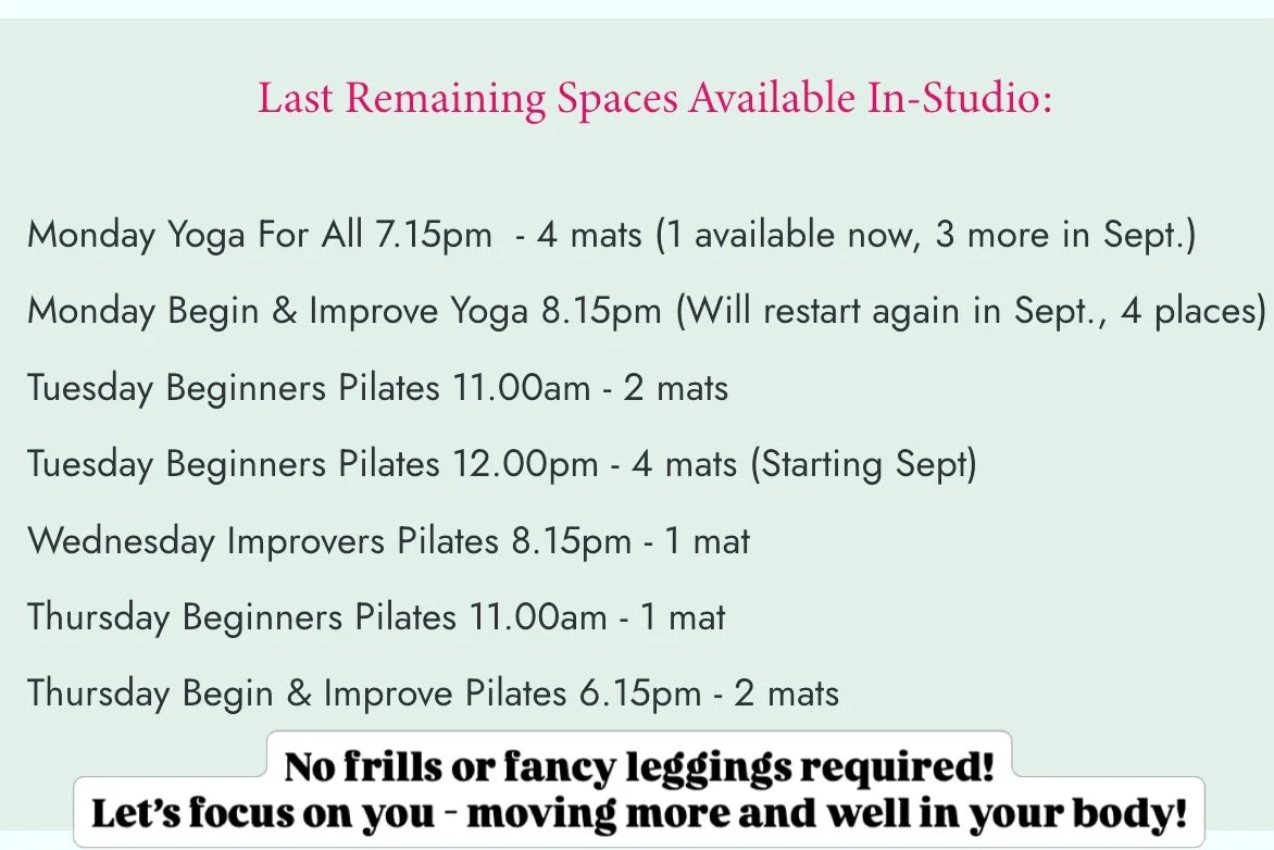No frills and fancy leggings required!
Just genuine and authentic classes focussed on you using 34 years of qualified experience of movement! Let&rsquo;s bring you to the forefront in your time and effort x