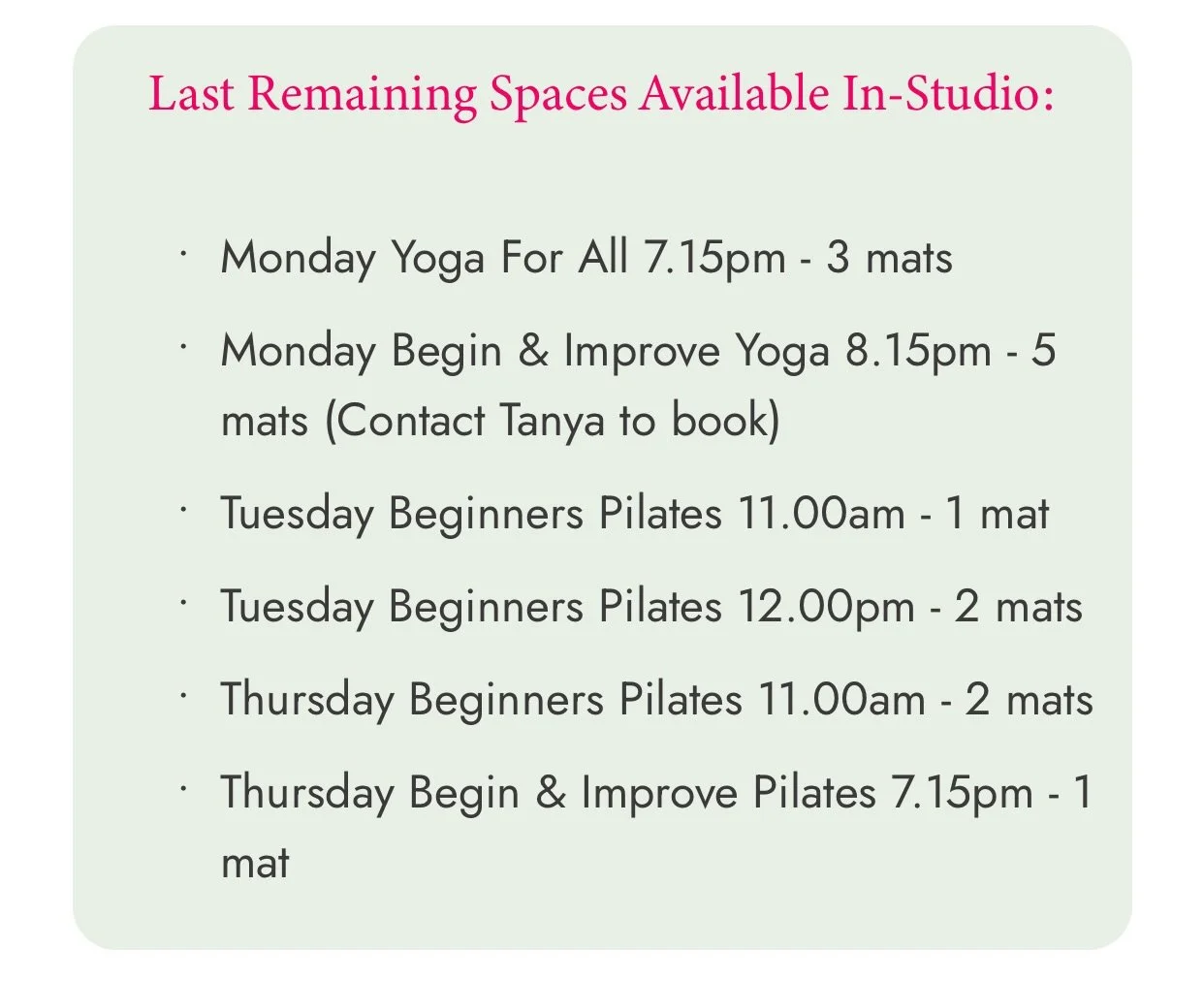 Check out the soaces for classes. You can start this week - start committing this time for you - to learn movements patterns and way to develop your physical body and the quality of your movements. Ultimately this helps with pains, issues and the ann