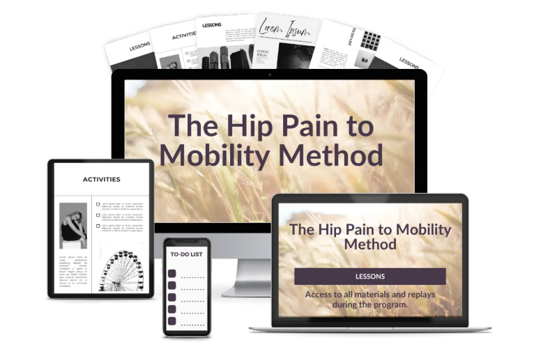 Digital display of a program titled 'The Hip Pain to Mobility Method' shown on various devices including monitors, tablets, and a smartphone, surrounded by printed materials.