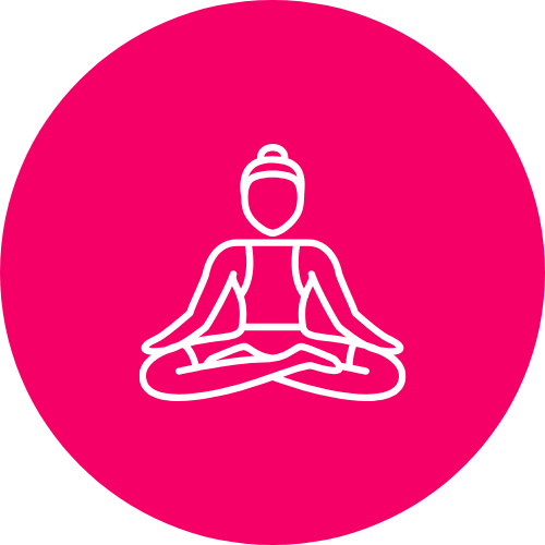 Line drawing of a person meditating in a cross-legged position with hands on their knees, inside a pink circle.