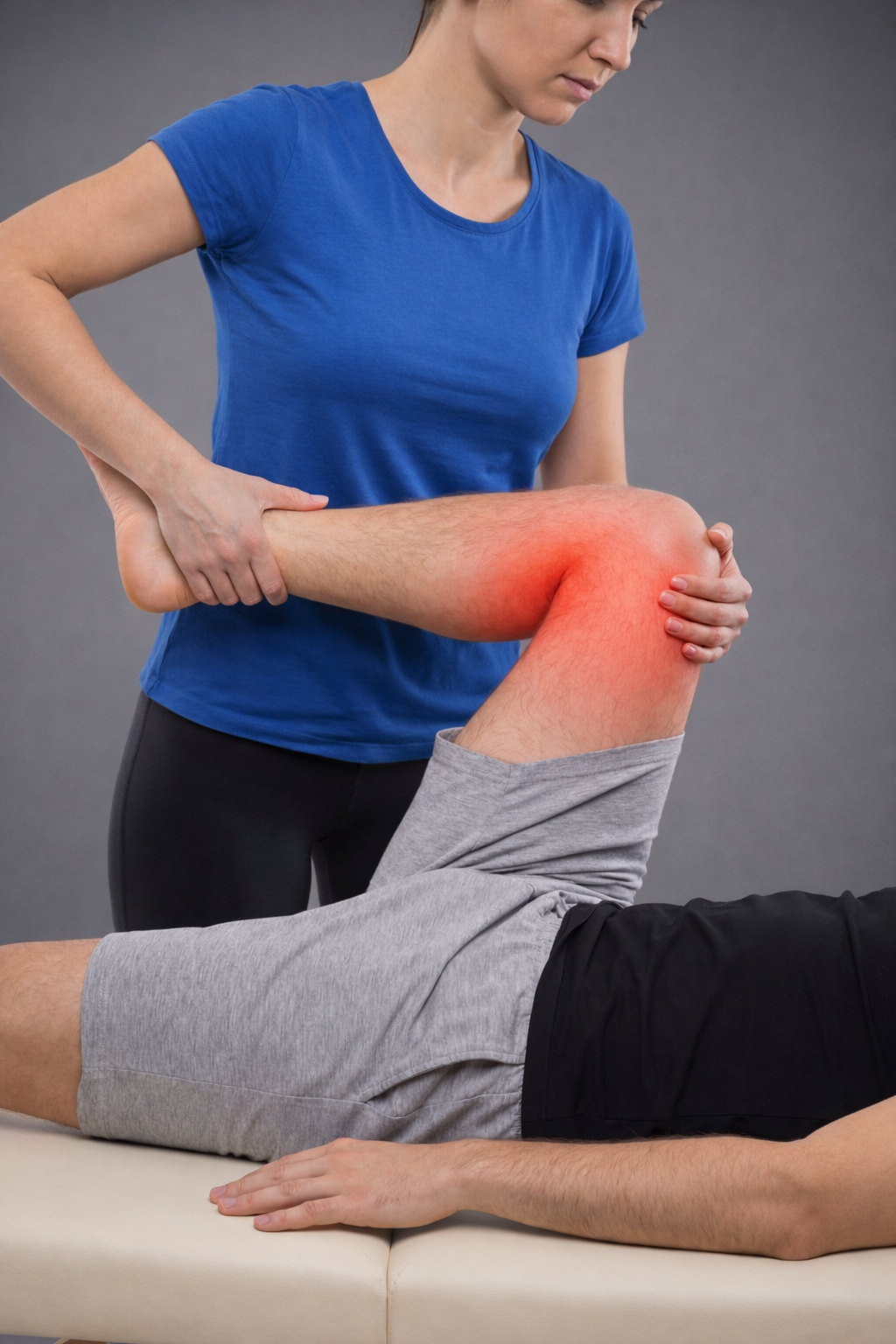 A woman and a man in a clinical setting. The woman is examining the man's leg, which is bent at the knee and appears red and inflamed.