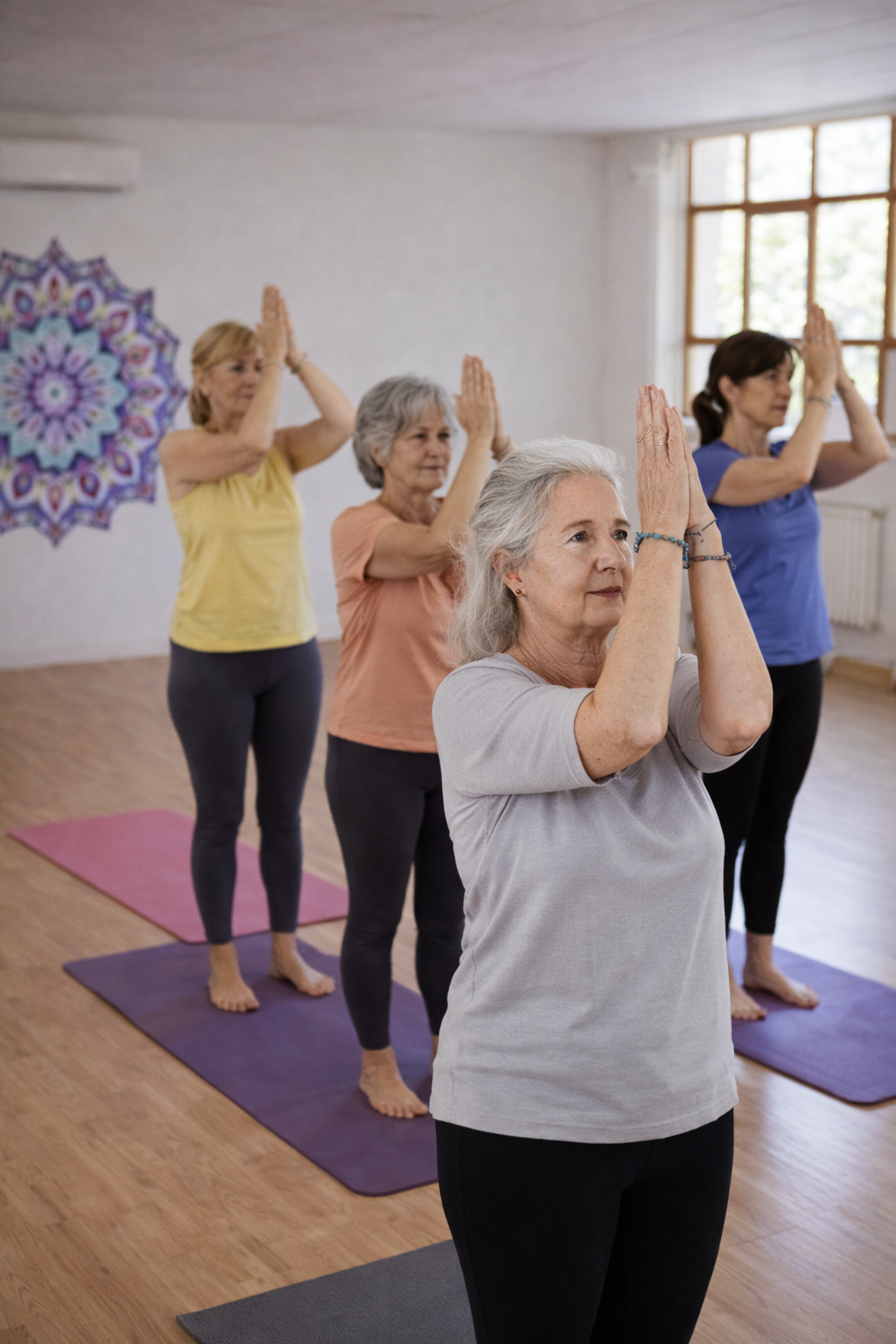Four older women practicing yoga indoors on mats, with hands in prayer position near their faces, in a well-lit room with wooden floors and large windows.