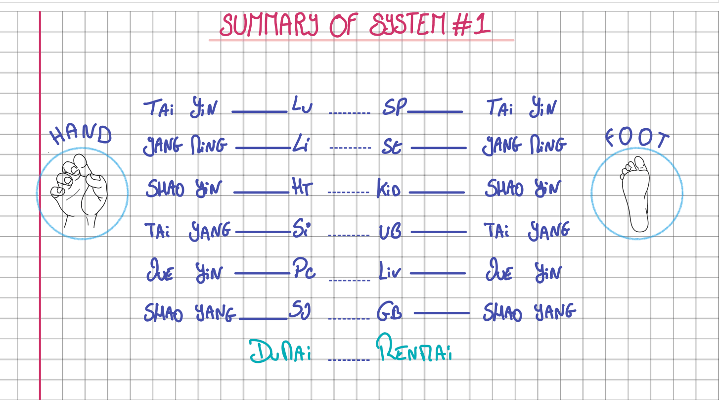 Diagram of Dr. Tan's Balance Method System 1: visual summary of hand and foot meridian pairs sharing the same Chinese name, such as Tai Yin and Yang Ming.