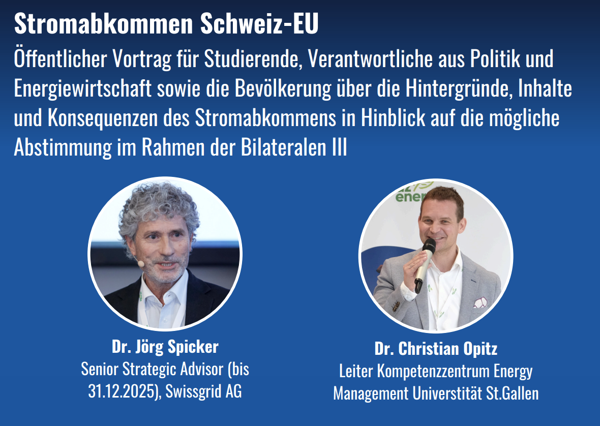 A promotional poster for a public lecture about electricity transmission between Switzerland and the EU. The poster features headshots of Dr. Jörg Spicker and Dr. Christian Opitz, with their titles and affiliations, against a blue background with white text in German.