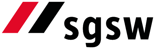 Logos of a red and black striped icon followed by the text 'sgsw' in black.