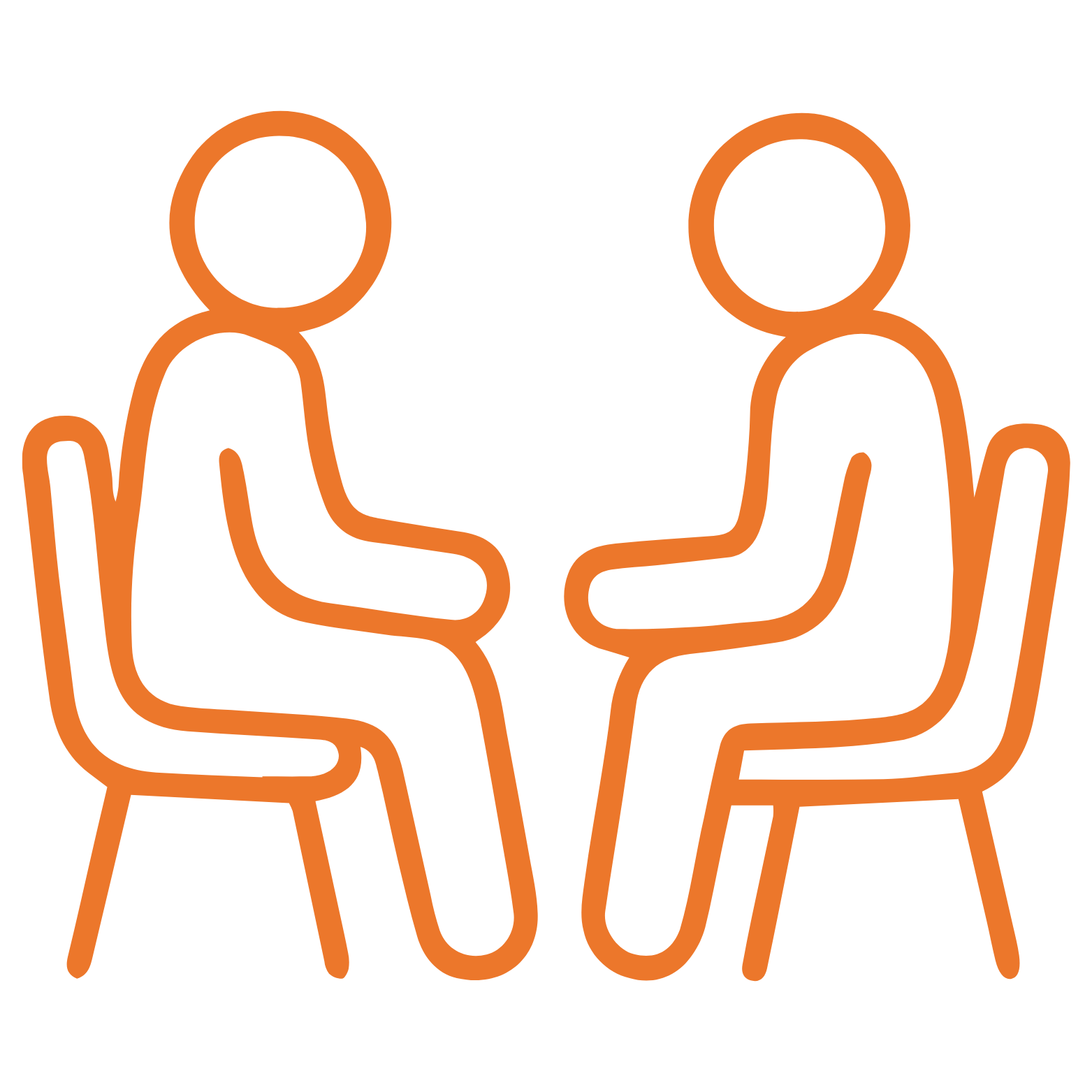 Line drawing of two people sitting across from each other at a table, engaged in conversation.