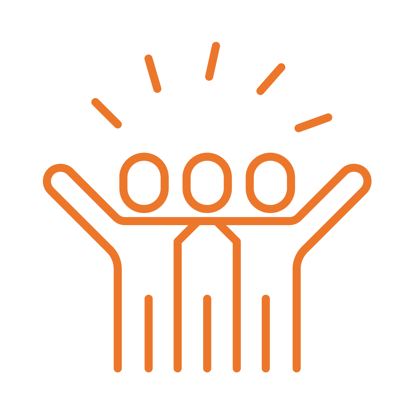 Outline illustration of two hands holding three eggs with radiating lines above, symbolizing care and nurturing.