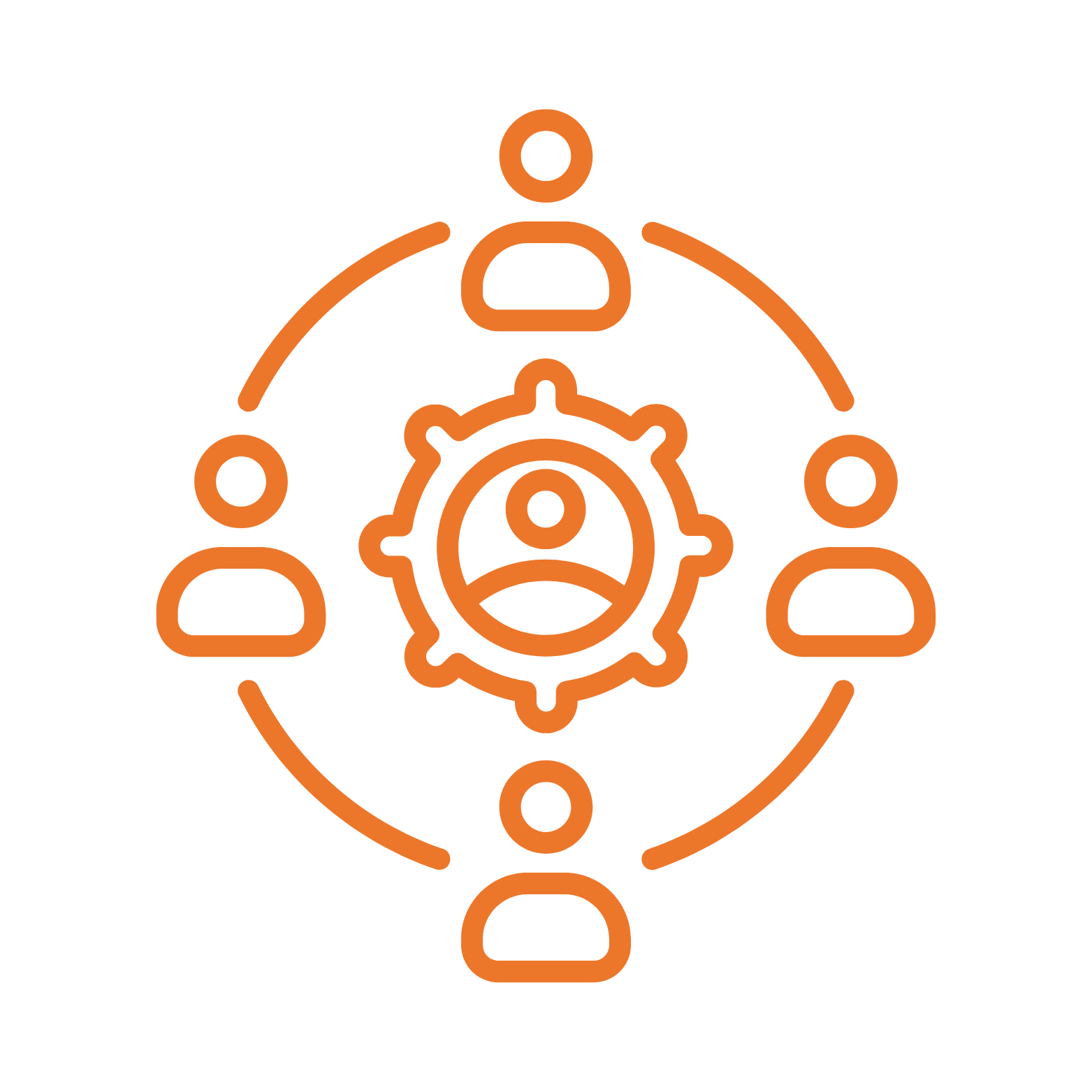 Orange outline of a gear with a person icon inside, surrounded by six persons icons connected by curved lines, representing teamwork or collaboration.