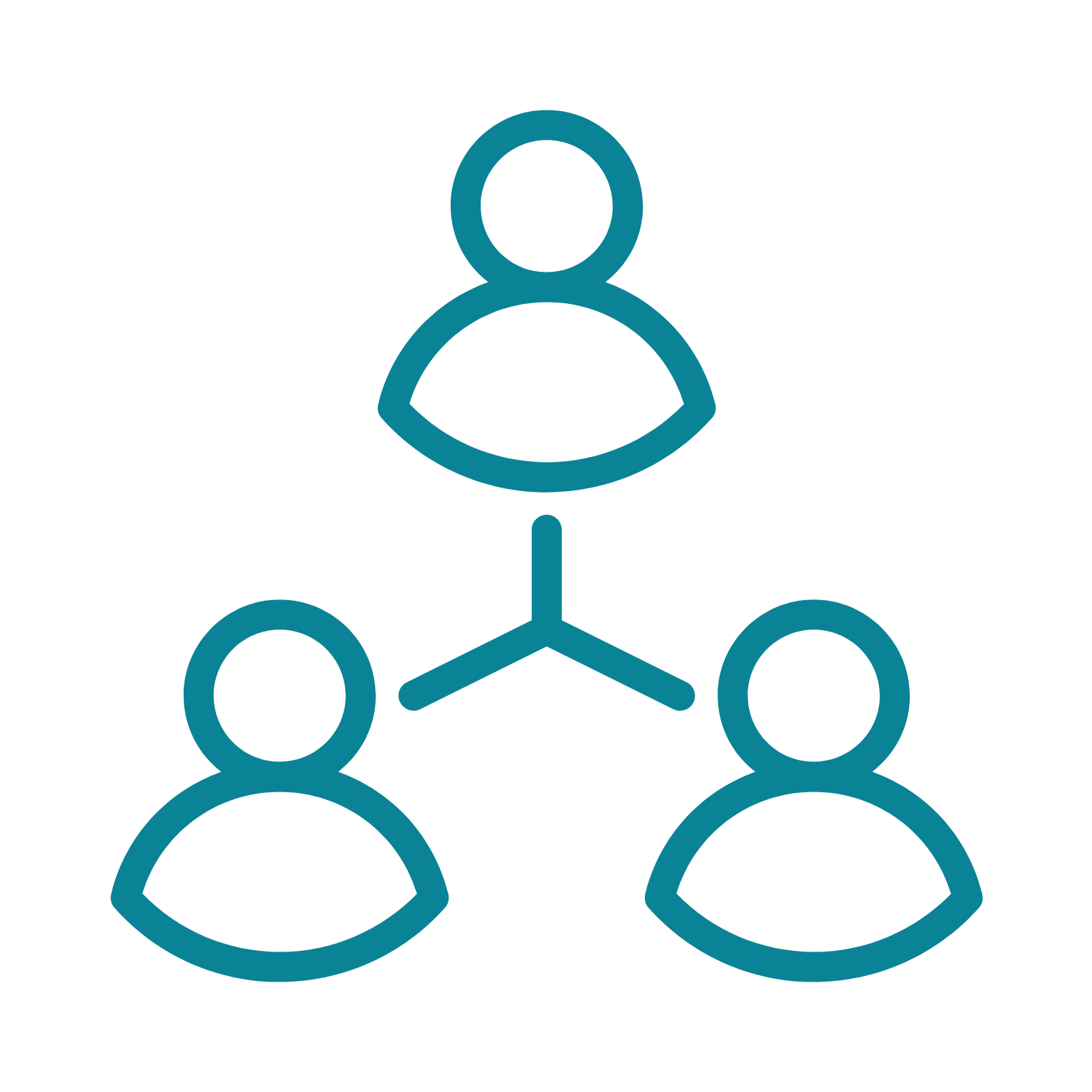 Outline icon of three people connected in a triangle, representing teamwork or collaboration.