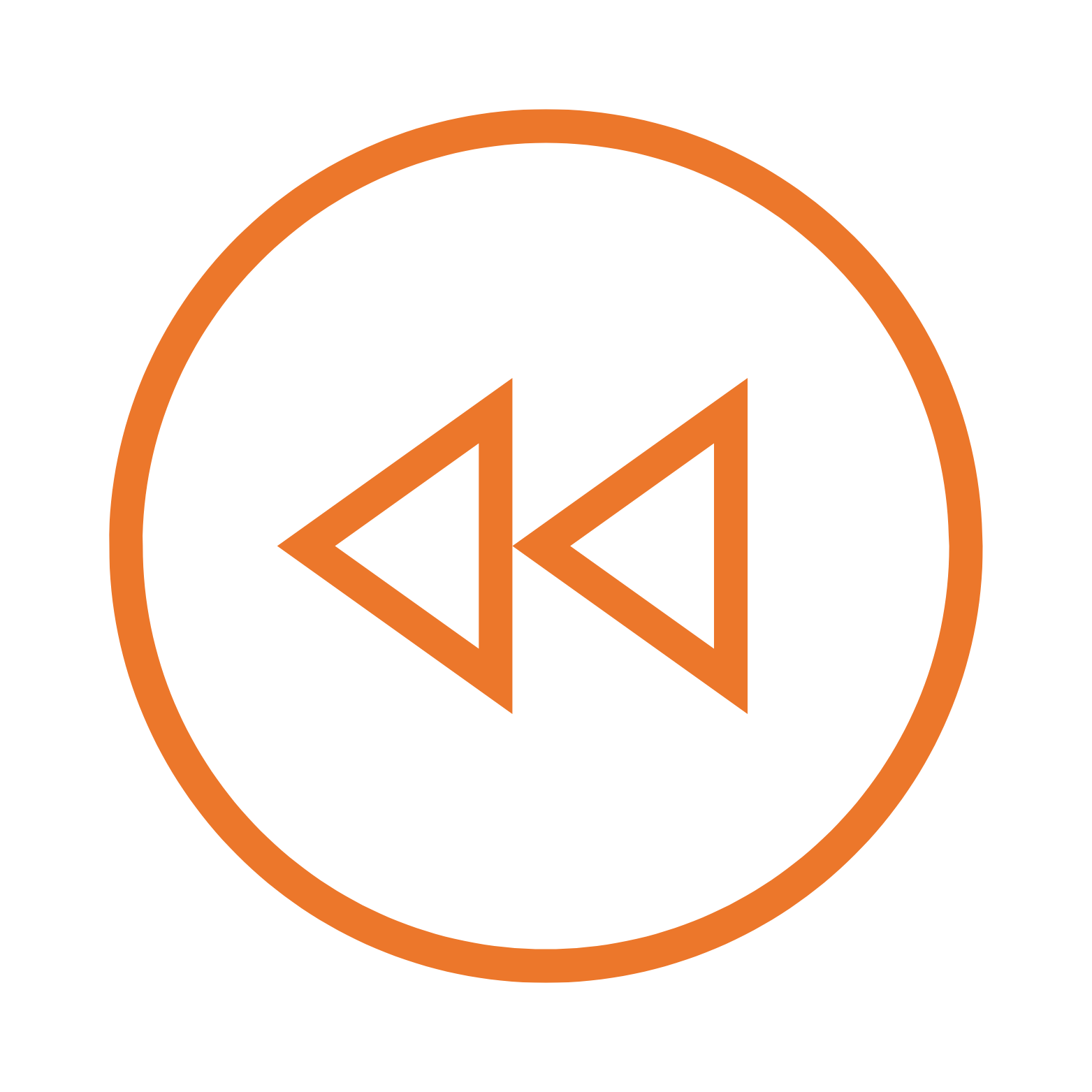 Orange rewind button icon with double left-pointing arrows inside a circle.