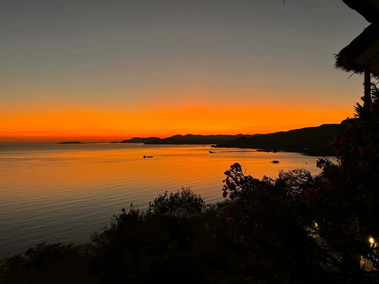 Sunset over a calm body of water with silhouettes of boats and distant islands or hills, framed by plants and a thatched roof on the right.