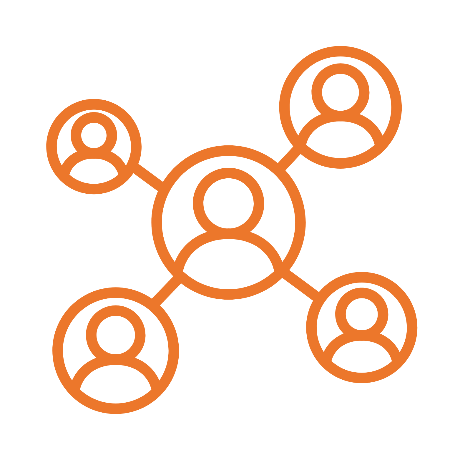 Illustration of a network with five connected user icons, representing social or professional connections.