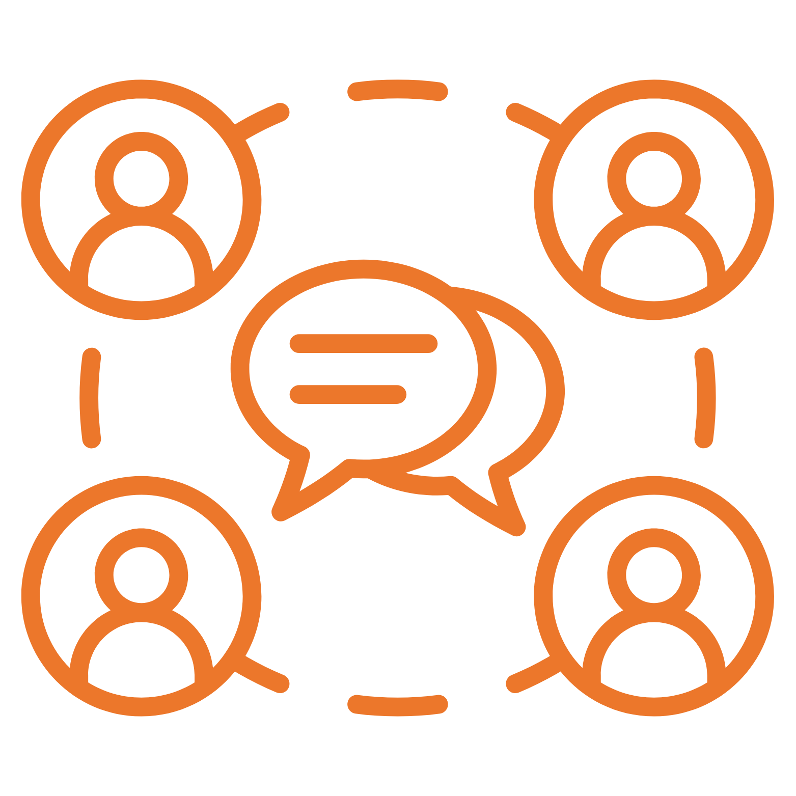 Icons of four people connected in a circle with speech bubbles in the center, representing communication or social network.