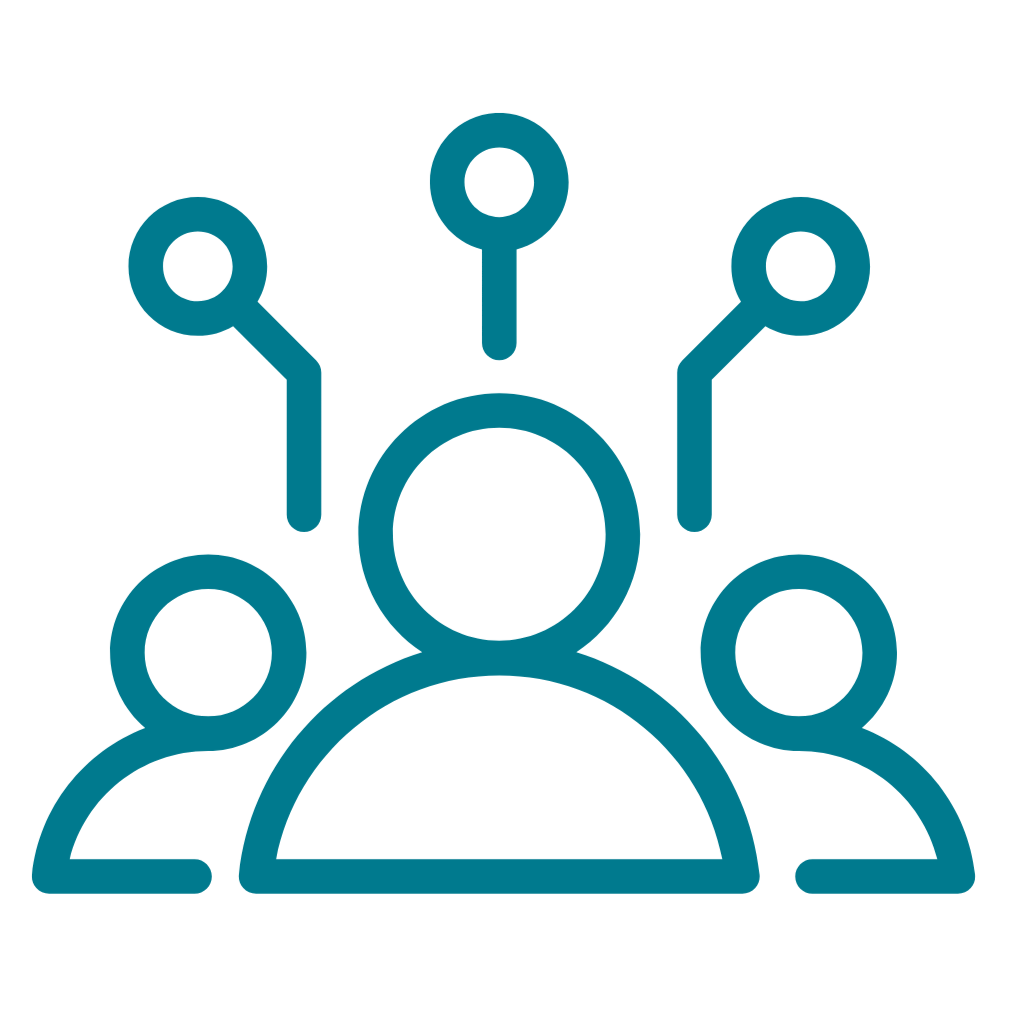 Icon of three people with connected lines above their heads, representing networking or teamwork.