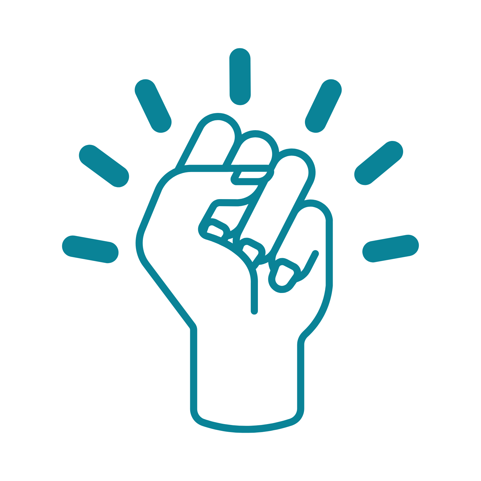 Line drawing of a clenched fist with lines radiating outward, symbolizing power or strength.