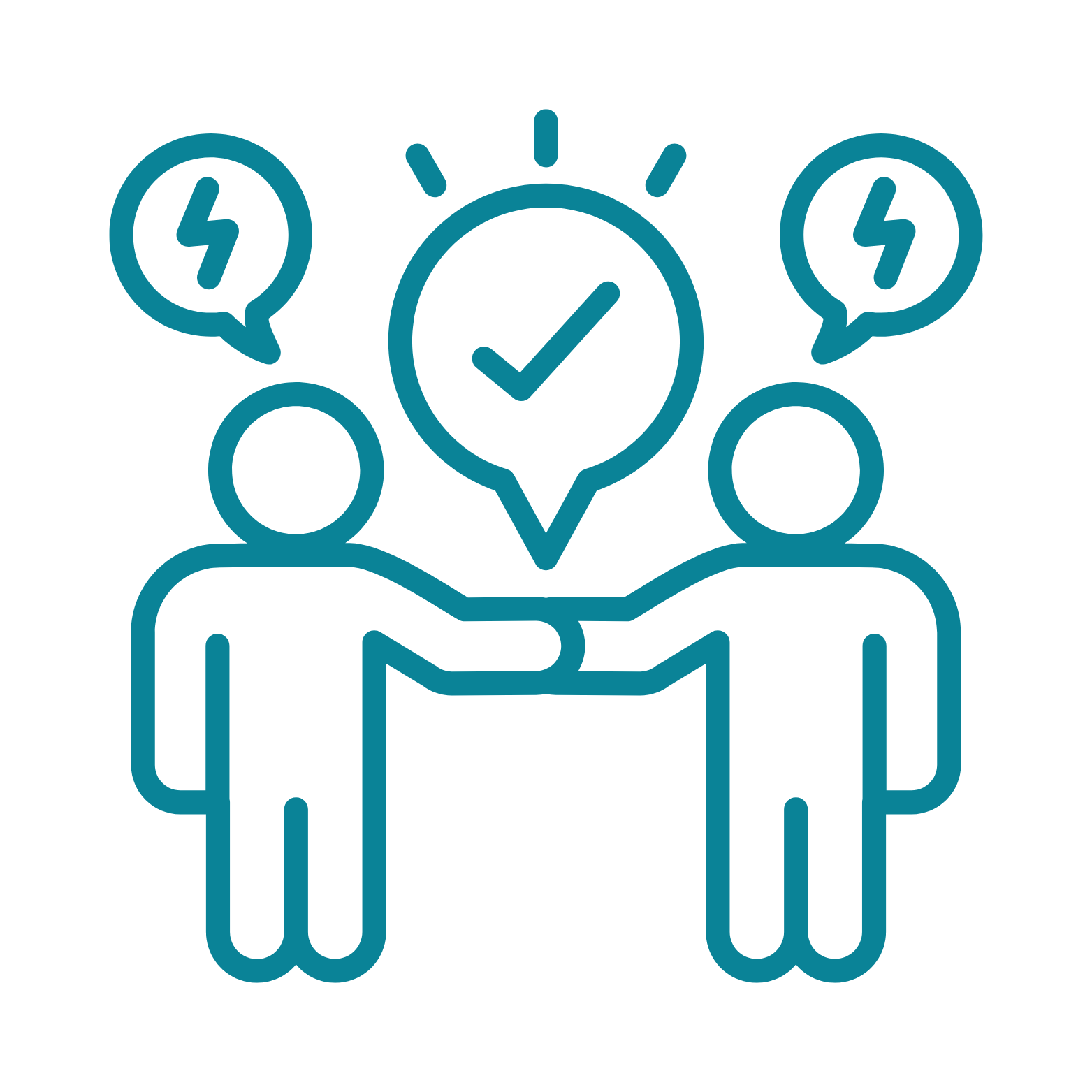 Two people shaking hands with checkmarks and speech bubbles containing lightning bolts above them, symbolizing agreement or collaboration.