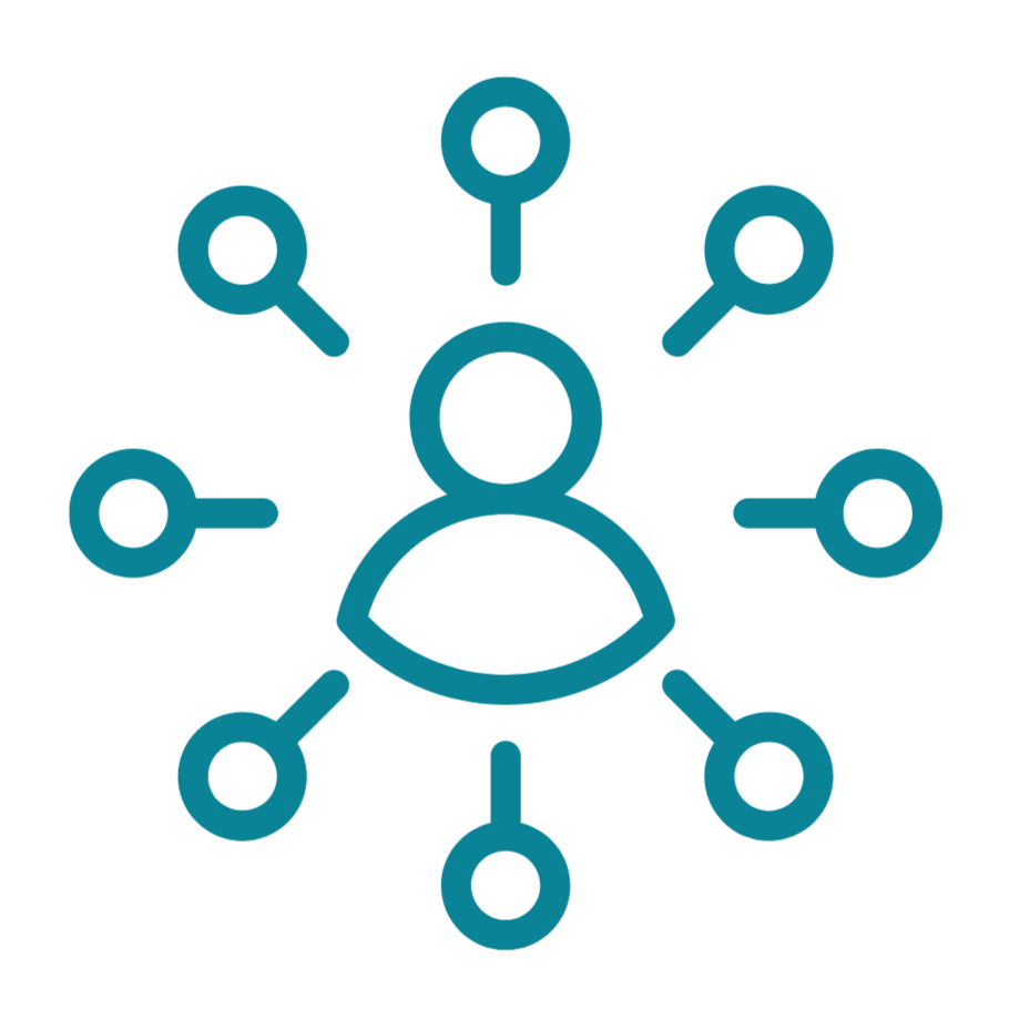 Icon of a person in the center connected to eight circles via lines, representing a network or social connections.