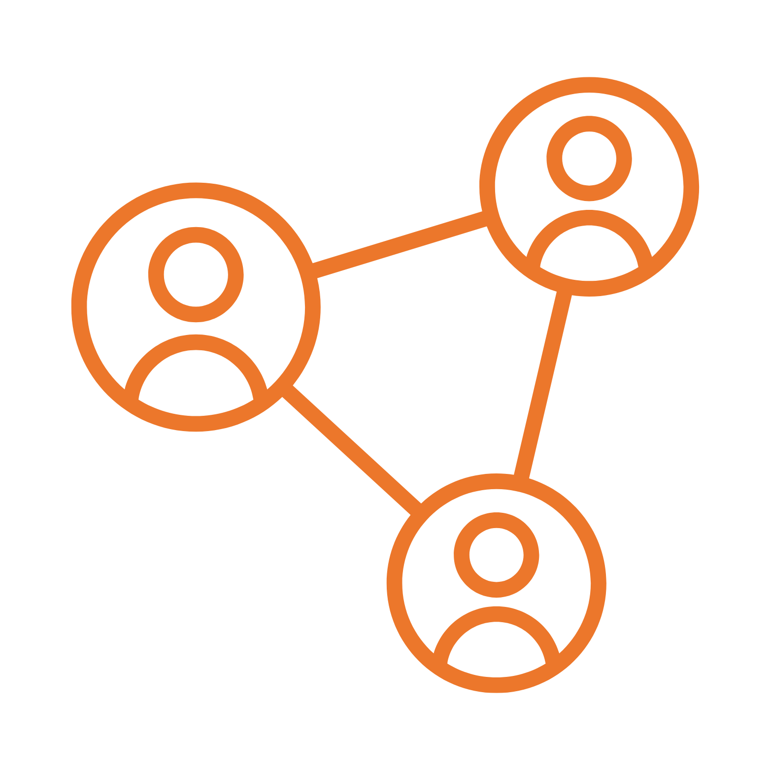 Outline graphic of three connected user icons representing social network or connection.
